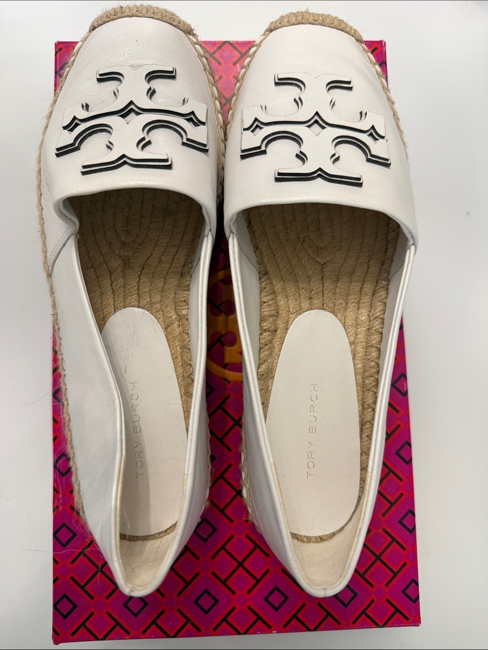 Tory Burch White Leather Espadrille Flats with Black Logo Accent